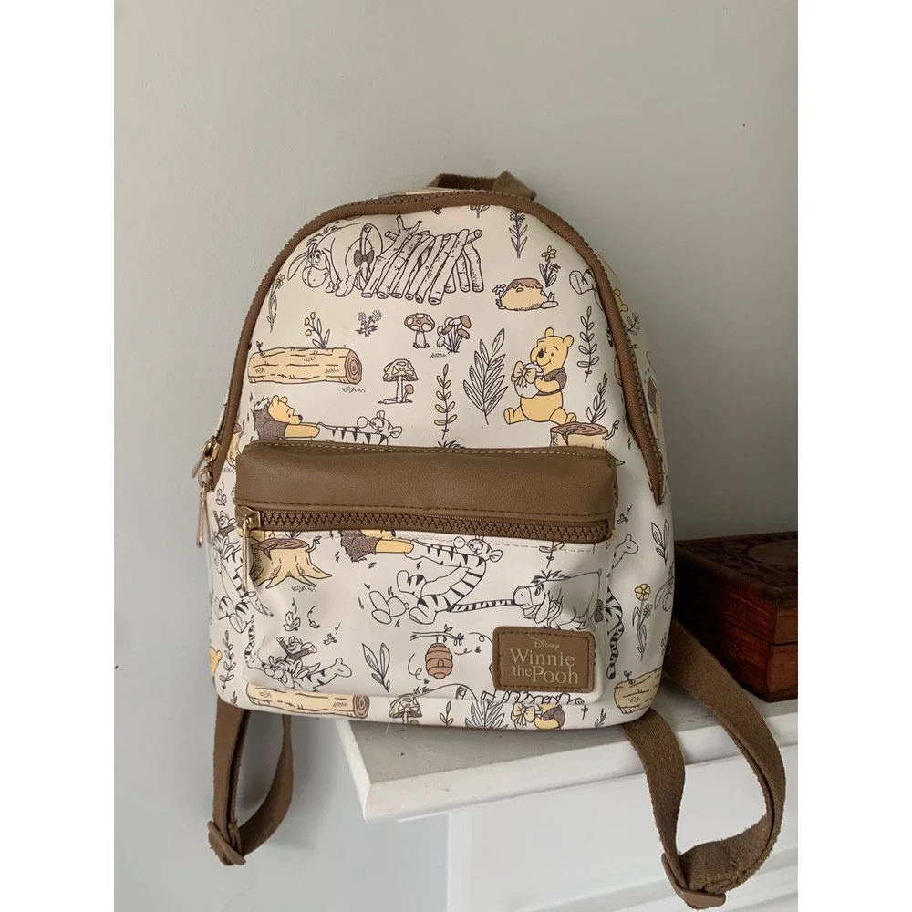 Disney Winnie the Pooh Mini Backpack Sketch Print Hundred Acre Wood Tan Cream
